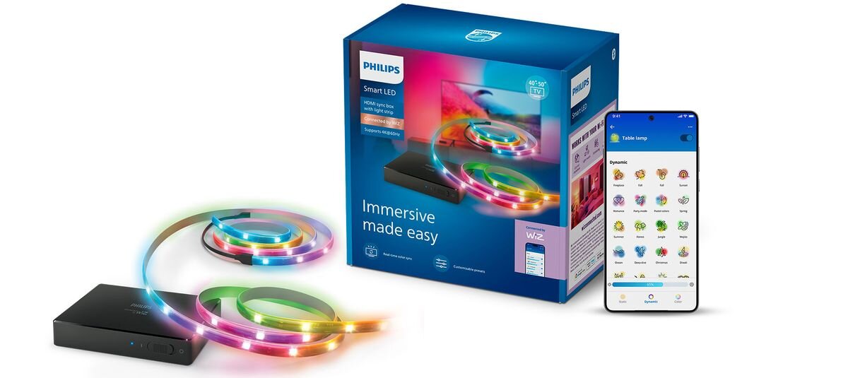 Taśma LED PHILIPS SMART HDMI 2.0 Sync Box Kit 40 - 50 929004772121 1.9 m Bluetooth/Wi-Fi, zestaw, opakowanie, instrukcja, montaż, Zestaw oświetlenia inteligentnego z aplikacją na telefon.
