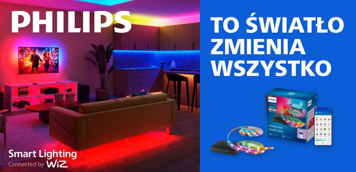 Taśma LED PHILIPS SMART HDMI 2.0 Sync Box Kit 55 - 65 929004667821 2.52 m Bluetooth/Wi-Fi, oświetlenie, dom, zestaw, światło, Kolorowe oświetlenie w salonie z aneksem.