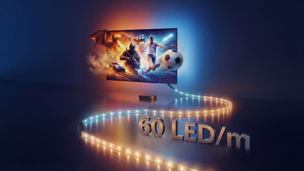 Obraz przedstawia telewizor z dynamiczną sceną z gry, obok którego znajduje się taśma LED emitująca kolorowe światło. Na pierwszym planie widoczny jest napis \'60 LED/m\'.
