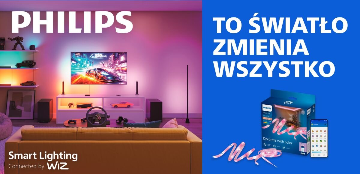 Taśma LED PHILIPS SMART 929004125721 15 m Bluetooth, dom, wnętrze, technologia, oświetlenie, salon z barwnym podświetleniem ścian.