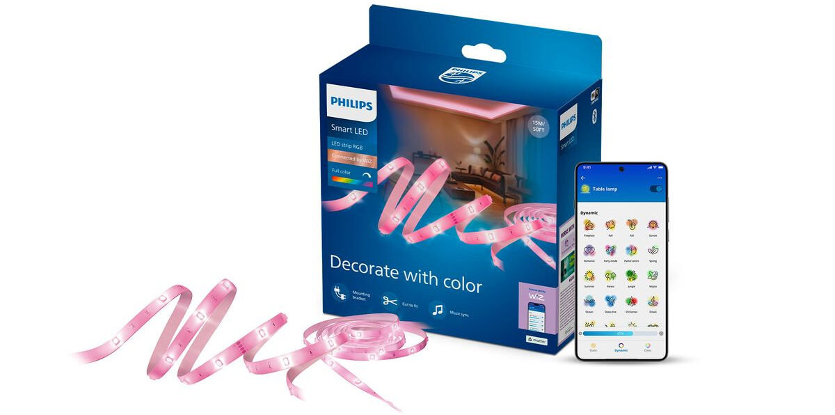 Taśma LED PHILIPS SMART 929004125721 15 m Bluetooth, zestaw, akcesoria, pudełko, instrukcja, Zestaw oświetlenia inteligentnego z aplikacją.