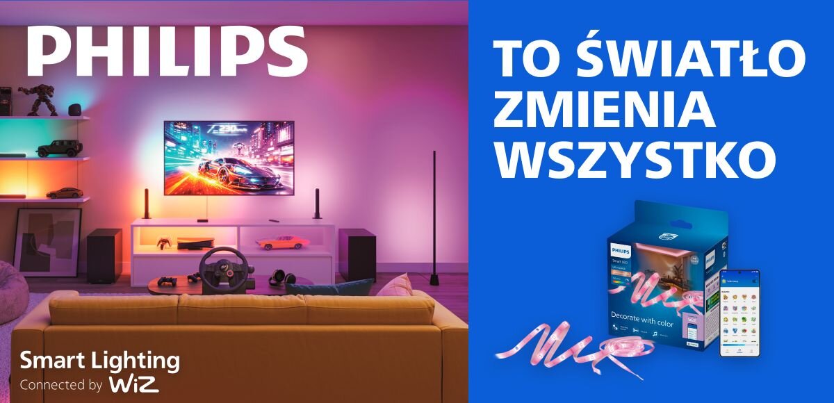 Taśma LED PHILIPS SMART 929004139721 5 m Bluetooth, dom, wnętrze, technologia, oświetlenie, salon z barwnym podświetleniem ścian.