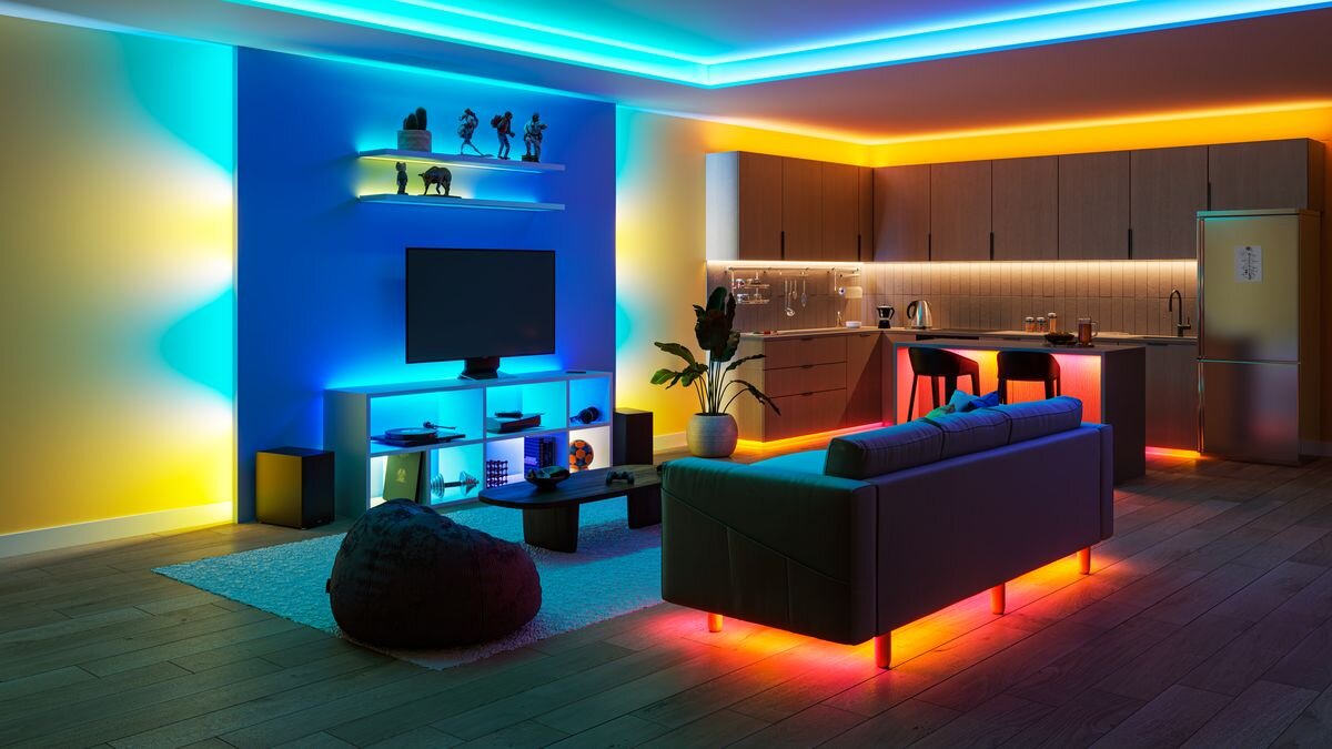 Taśma LED PHILIPS SMART 929004709701 3 m Bluetooth, instalacja, trwałość, zasilanie, godziny, Strefy w domu podkreślone różnymi kolorami światła.