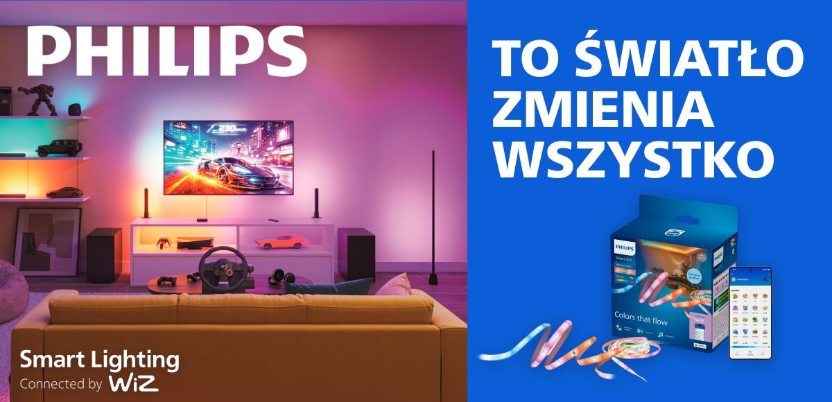 Taśma LED PHILIPS SMART 929004706621 4 m Bluetooth, dom, wnętrze, technologia, oświetlenie, salon z barwnym podświetleniem ścian.