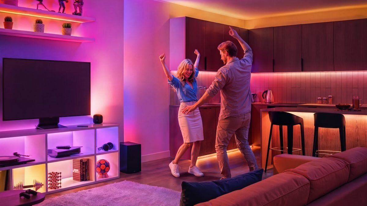 Taśma LED PHILIPS SMART 929004706621 4 m Bluetooth, sterowanie, telefon, jasność, tryby, Para tańcząca w nastrojowo oświetlonym salonie.