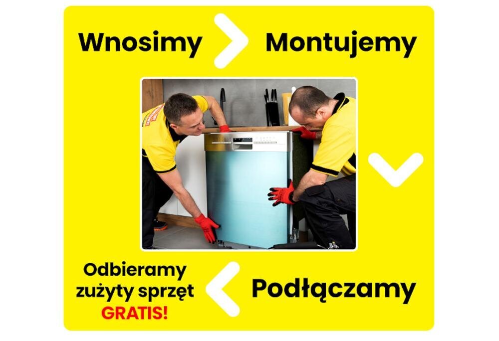 Dwóch mężczyzn w żółtych koszulkach montuje zmywarkę w kuchni. Na żółtym tle widnieje tekst: \'Wnosimy\', \'Ustawiamy\', \'Podłączamy\', \'Odbieramy zużyty sprzęt GRATIS!\'.