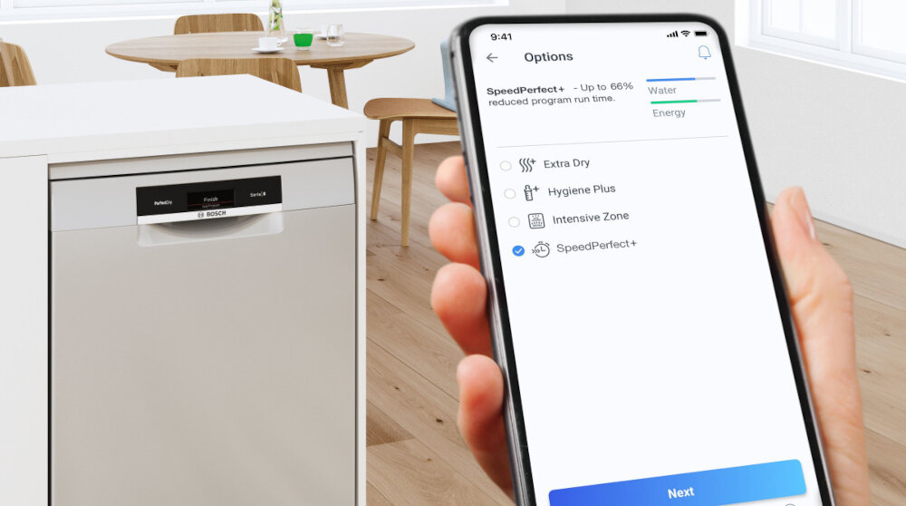 ZMYWARKA BOSCH SBH4EVX08E Zmywarka Bosch obsługiwana przez aplikację Home Connect na smartfonie. Umożliwia zdalne uruchamianie i konfigurację programów SpeedPerfect Plus szybsze zmywanie skrócenie czasu o 66% szybkie mycie naczyń