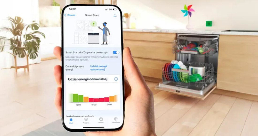 ZMYWARKA BOSCH SBH4EVX08E Na pierwszym planie widoczny jest smartfon z otwartą aplikacją do zarządzania zmywarką. W tle znajduje się otwarta zmywarka z kolorowymi naczyniami ustawionymi w koszach oraz zabudowa kuchenna z drewnianymi frontami Smart Start automatyczny start zmywarki niższe koszty energii optymalizacja zużycia prądu