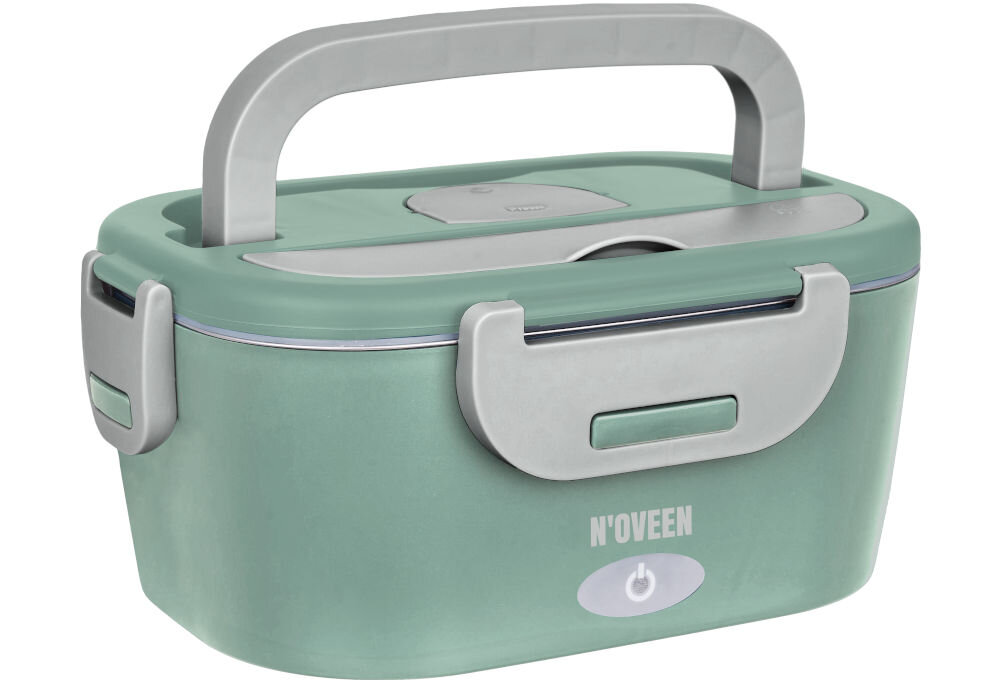Zielony elektryczny lunch box z szarym uchwytem i klamrami, z widocznym logo \'N\'OVEEN\' oraz symbolem włącznika na przedniej stronie.