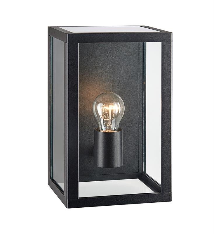Czarna, prostokątna lampa ścienna z przezroczystymi szklanymi panelami, wewnątrz której znajduje się żarówka. Konstrukcja ma elegancki, nowoczesny wygląd.
