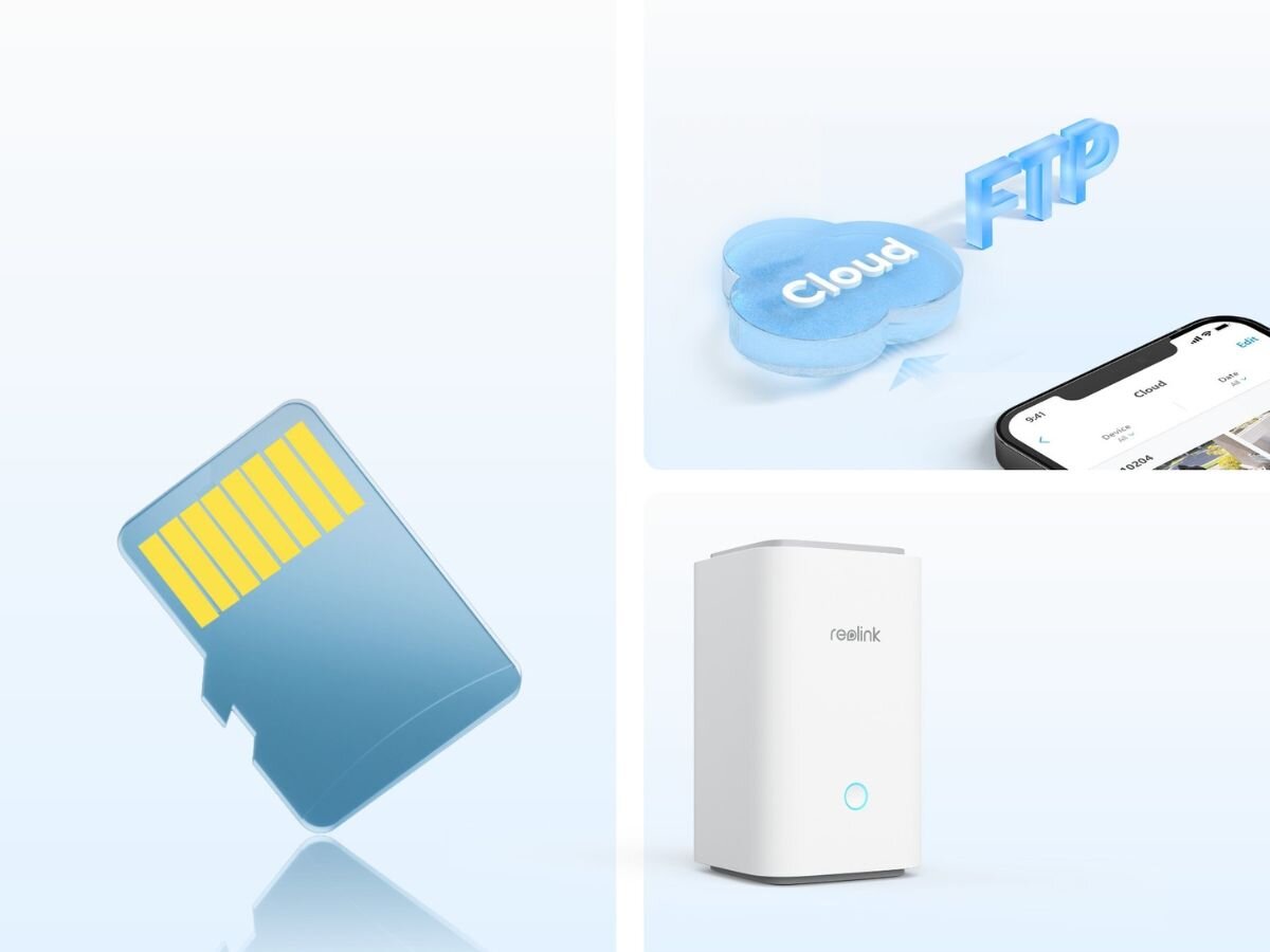 Obraz przedstawia kartę pamięci, chmurę z napisami \'Cloud\' i \'FTP\', fragment smartfona oraz biały prostokątny obiekt z logo \'reolink\'.