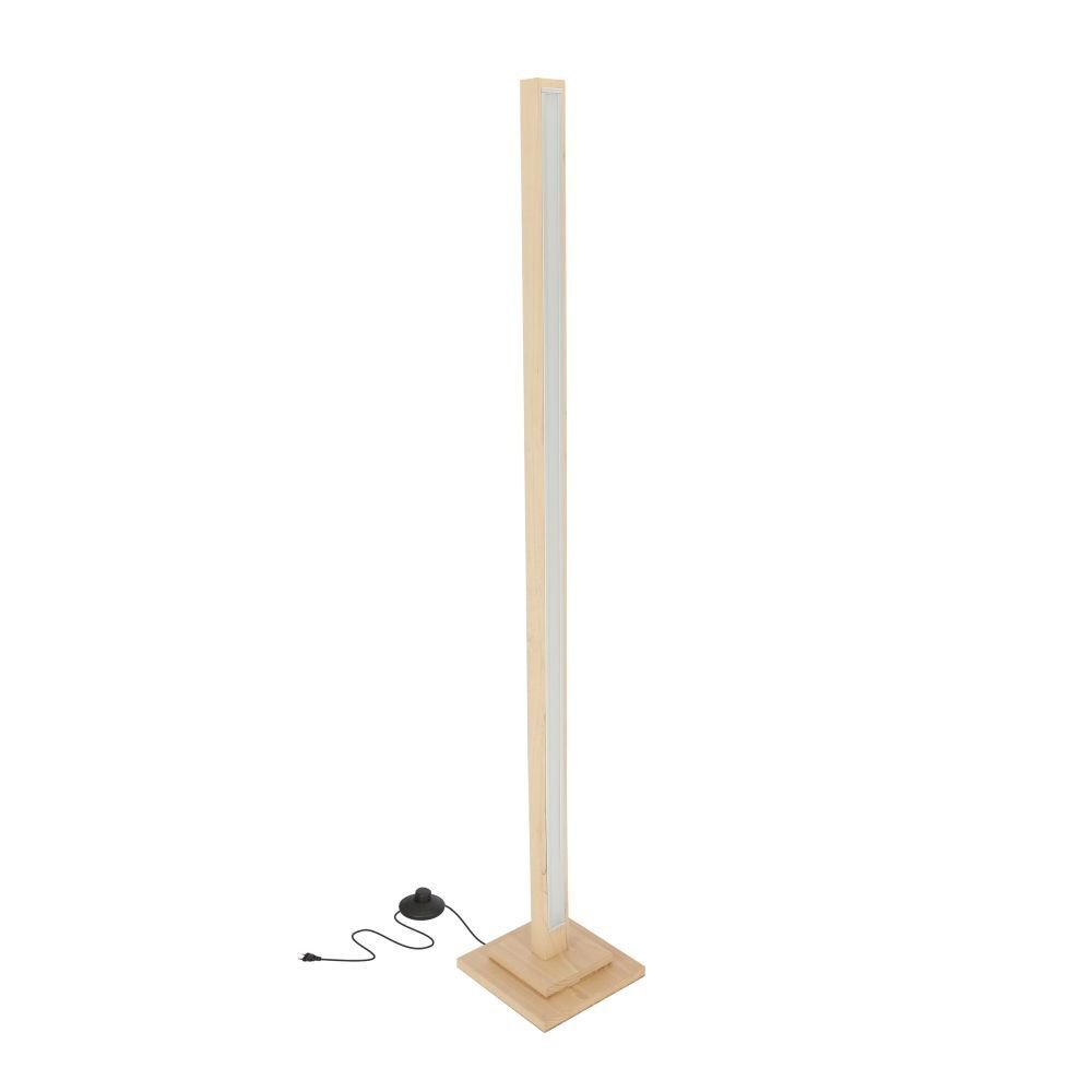 Lampa podłogowa LED o prostym, nowoczesnym designie, wykonana z jasnego drewna z białym panelem świetlnym. Obok lampy znajduje się czarny przewód z włącznikiem nożnym.