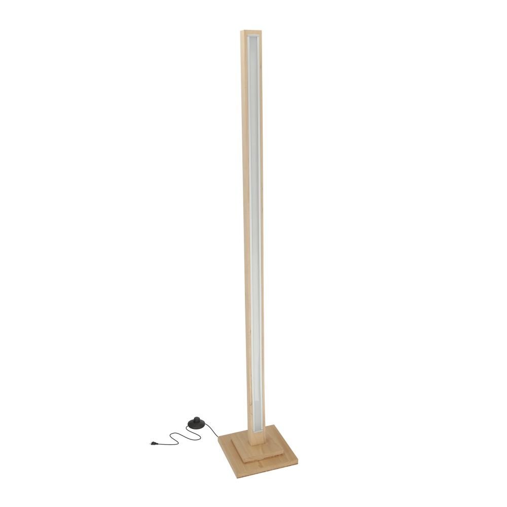 Na obrazie widoczna jest nowoczesna lampa podłogowa LED o prostym, smukłym kształcie z drewnianą podstawą. Obok lampy znajduje się czarny włącznik z przewodem.