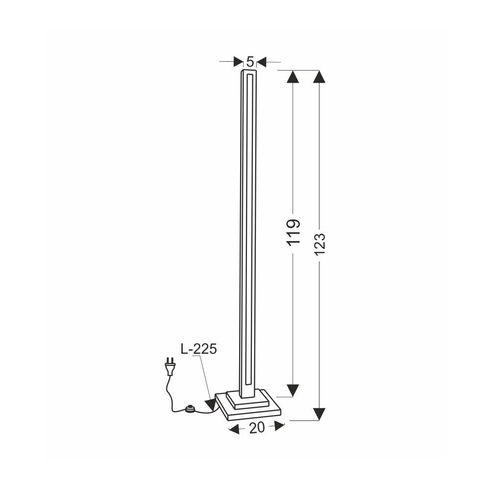 Schemat lampy podłogowej LED z wymiarami: wysokość 123 cm, szerokość podstawy 20 cm, szerokość lampy 5 cm. Kabel zasilający o długości 225 cm.