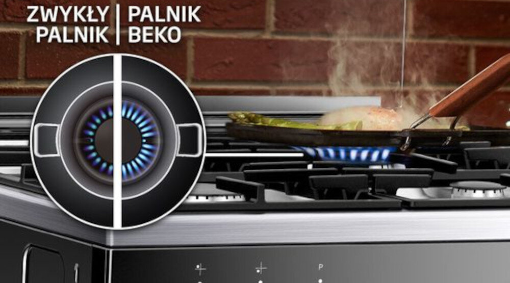 Obraz przedstawia kuchenkę gazową z palnikiem, na którym gotuje się jedzenie na patelni. Widoczny jest napis \'ZWYKŁY PALNIK | PALNIK BEKO\'.