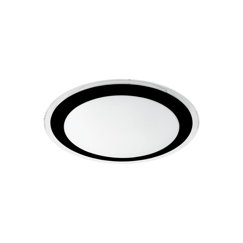 Okrągły plafon sufitowy LED z białym środkiem i czarnym obramowaniem. Lampa ma nowoczesny design.