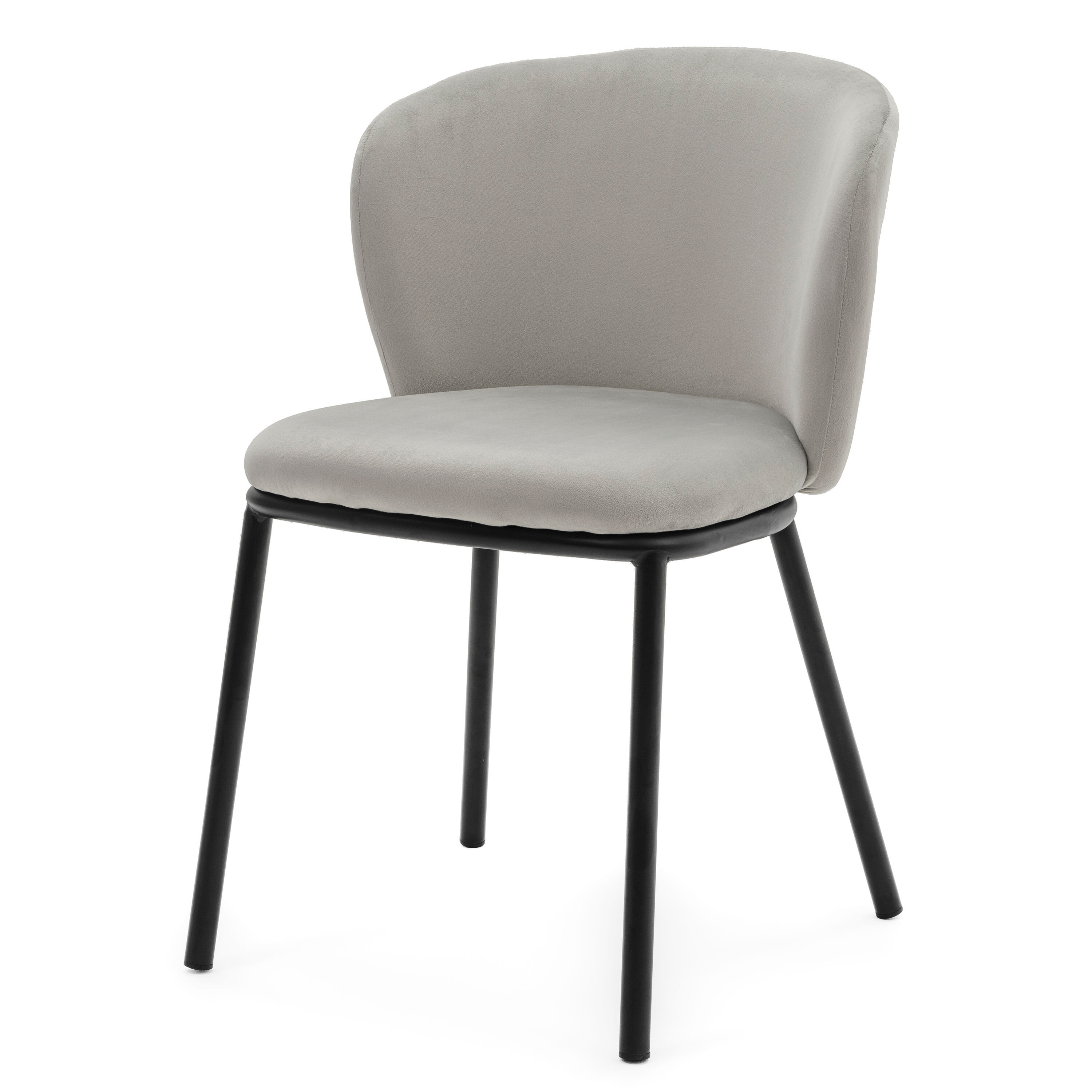 Jasnoszare krzesło tapicerowane welurem z czarnymi metalowymi nogami. Krzesło ma zaokrąglone oparcie i prosty, elegancki design.