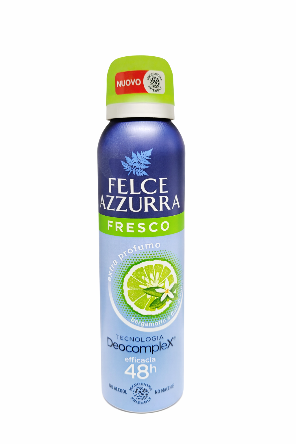 Dezodorant w sprayu Felce Azzurra Fresco o pojemności 150 ml, z zieloną etykietą i grafiką limonki. Na opakowaniu widnieje napis: \'Tecnologia Deocomplex efficacia 48h\'.