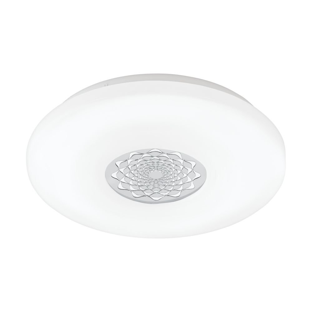 Okrągły plafon sufitowy LED w kolorze białym z chromowanym środkiem, ozdobionym symetrycznym wzorem. Produkt ma gładką, matową powierzchnię.