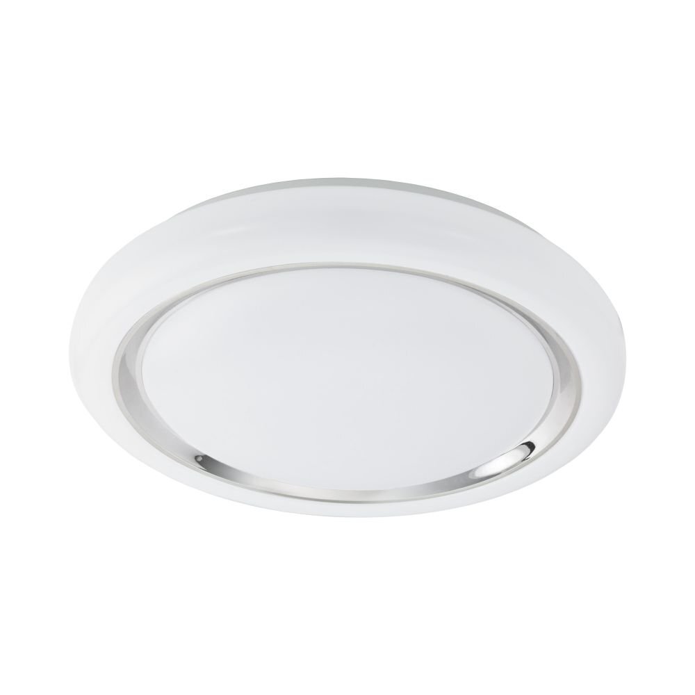 Okrągły, biały plafon sufitowy LED z metalicznym wykończeniem na krawędzi. Produkt ma gładką powierzchnię i prosty, nowoczesny design.