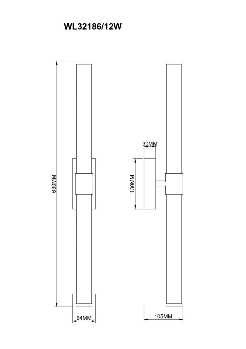 Schemat techniczny lampy ściennej LED z oznaczeniami wymiarów: 630MM wysokości, 64MM szerokości, 105MM głębokości, 130MM wysokości uchwytu i 30MM głębokości uchwytu. Na górze widoczny jest tekst \'WL32186/12W\'.