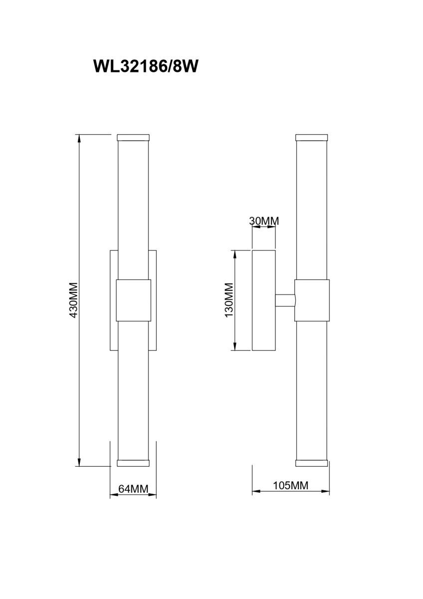 Schemat techniczny lampy ściennej LED z oznaczeniami wymiarów: 430MM wysokości, 64MM szerokości, 130MM długości podstawy, 30MM głębokości i 105MM szerokości całkowitej. Na górze widoczny jest tekst \'WL32186/8W\'.