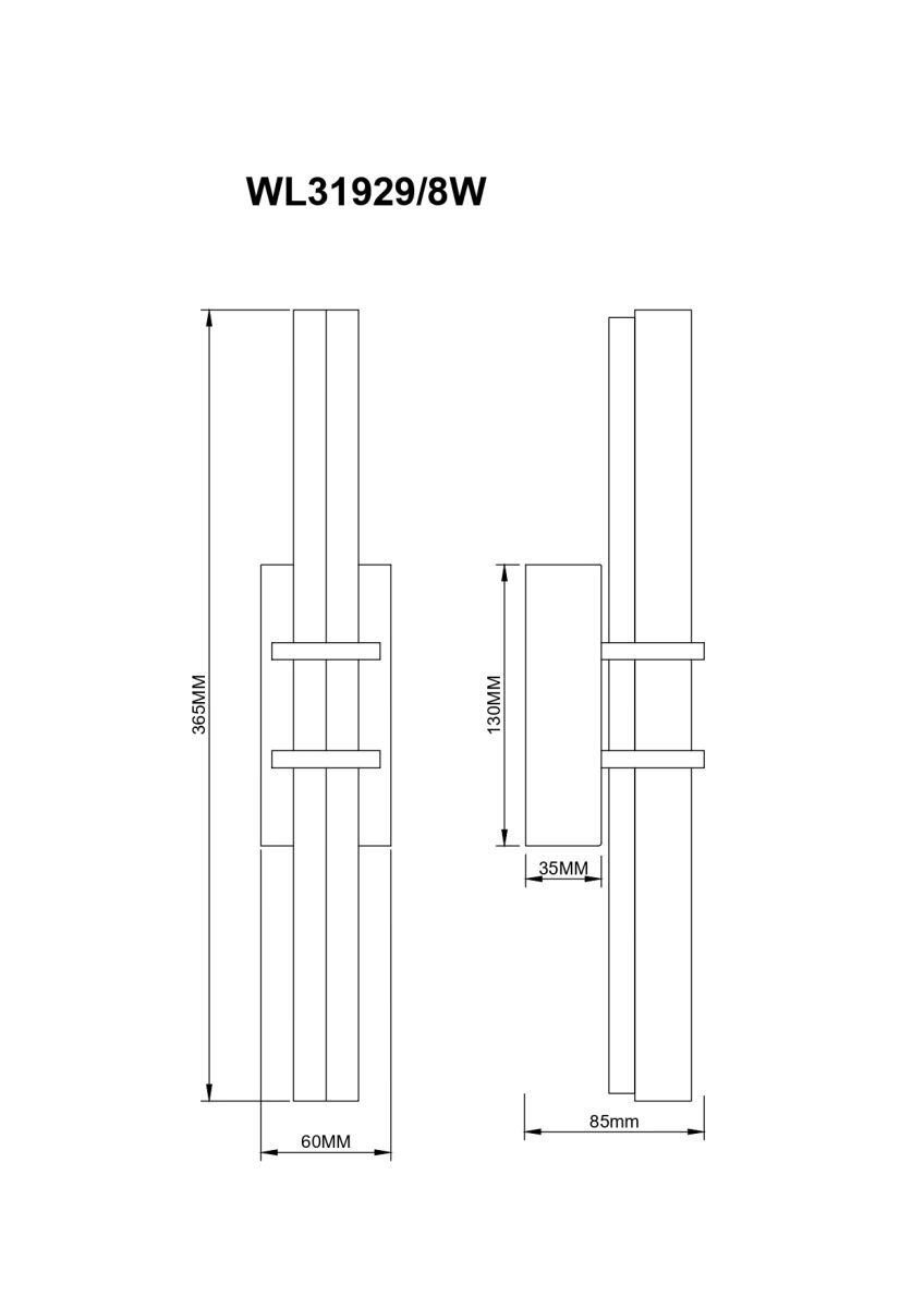 Schemat techniczny lampy ściennej LED z oznaczeniami wymiarów: 355MM wysokości, 60MM szerokości, 130MM wysokości bocznej, 85MM szerokości bocznej i 35MM głębokości. Widoczny tekst: \'WL31929/8W\'.