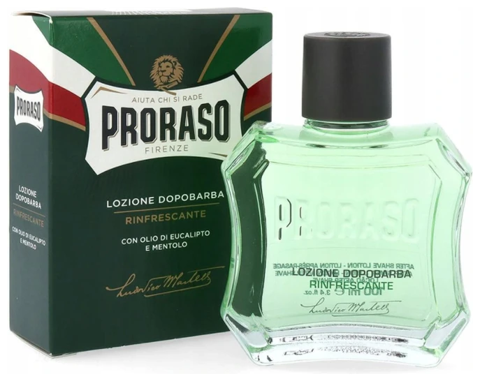 Na zdjęciu widoczna jest zielona butelka wody po goleniu z napisem \'PRORASO\' oraz opakowanie z tekstem \'LOZIONE DOPOBARBA RINFRESCANTE CON OLIO DI EUCALIPTO E MENTOLO\'.