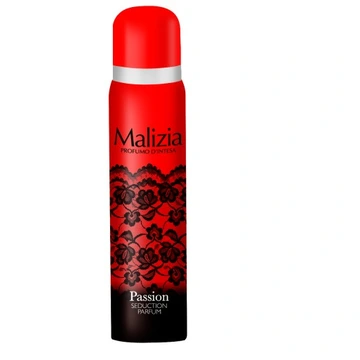 Czerwony spray z czarnym wzorem kwiatowym, z napisem \'Malizia\' oraz \'Passion Seduction Parfum\'.