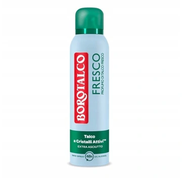 Butelka dezodorantu w sprayu marki Borotalco z zielonym korkiem i etykietą zawierającą napisy: \'BOROTALCO\', \'FRESCO\', \'Talco a Cristalli Attivi™\', \'EXTRA ASCIUTTO\', \'0% ALCOOL\'.