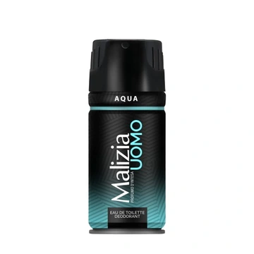 Czarny spray z napisem \'Malizia UOMO\' oraz \'AQUA\' na górze opakowania. Na dole widnieje napis \'EAU DE TOILETTE DEODORANT\'.