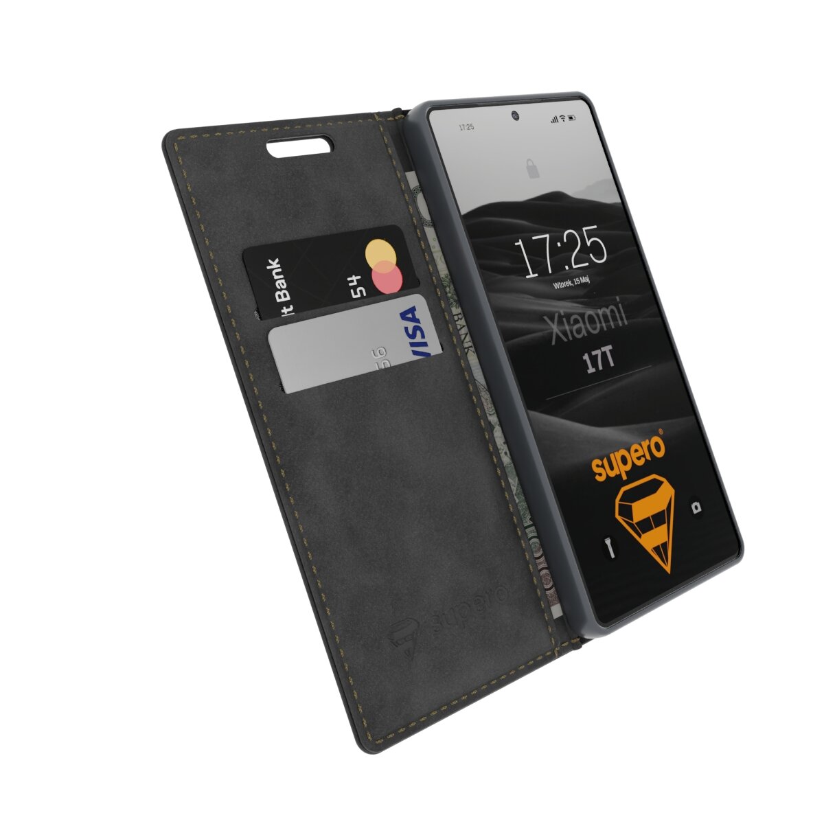 Etui z klapką do telefonu, z miejscem na karty płatnicze, w którym znajduje się telefon z wyświetlaczem pokazującym godzinę 17:25 i napis \'Xiaomi 17T\'. Na ekranie widoczne jest logo \'supero\'.