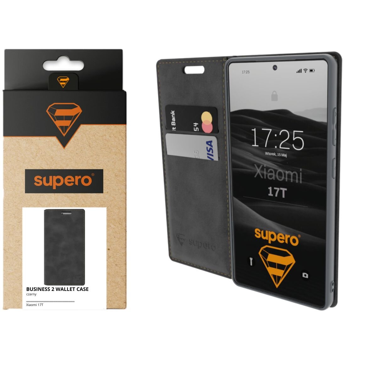 Na obrazie widoczne jest etui z klapką do telefonu Xiaomi 17T, wykonane z ciemnego materiału, z miejscem na karty. Obok znajduje się opakowanie z logo \'supero\' i napisem \'BUSINESS 2 WALLET CASE\'.