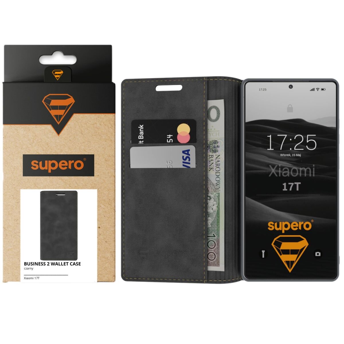 Na obrazie widoczne jest etui z klapką do telefonu Xiaomi 17T, które pełni funkcję portfela z miejscem na karty i banknoty. Opakowanie produktu ma logo \'supero\' oraz napis \'BUSINESS 2 WALLET CASE\'.