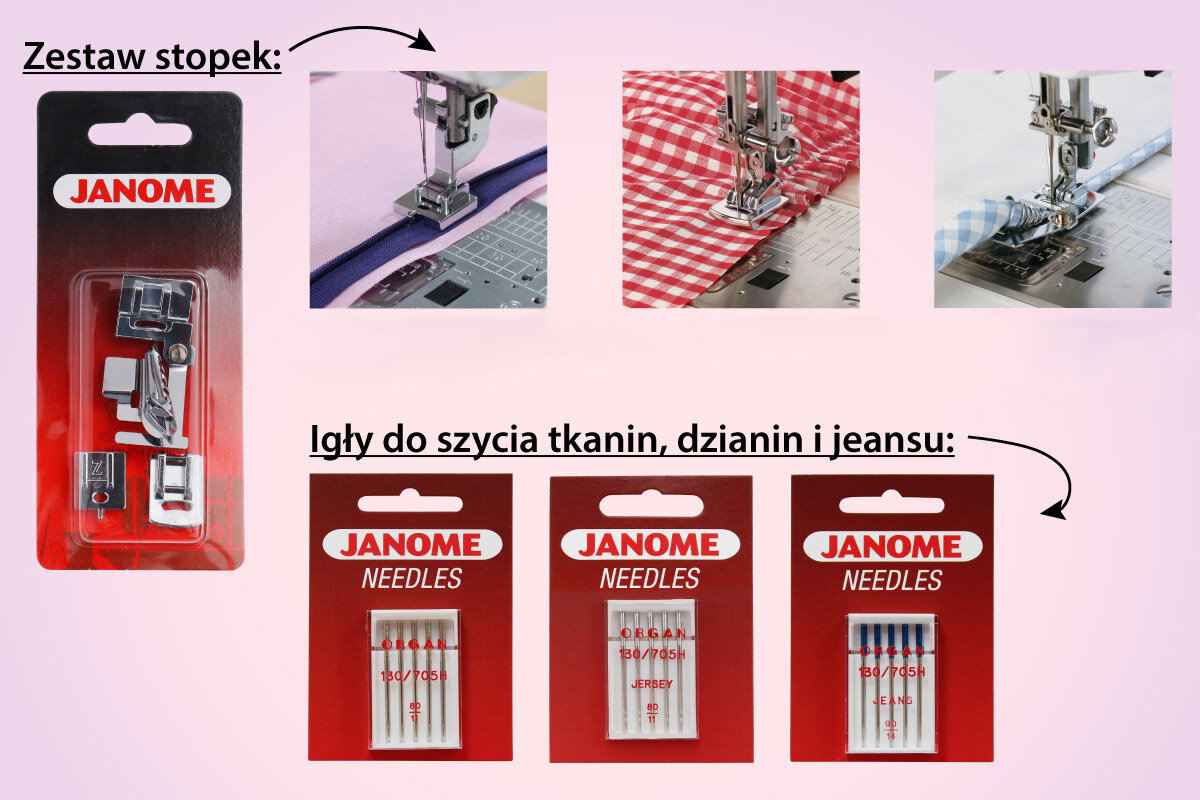 Obraz przedstawia zestaw stopek do maszyny do szycia w opakowaniu z logo \'JANOME\' oraz trzy zdjęcia stopek w użyciu na różnych tkaninach. Poniżej znajdują się trzy opakowania igieł do szycia z napisami \'JANOME NEEDLES\' oraz opisem \'Igły do szycia tkanin, dzianin i jeansu\'.