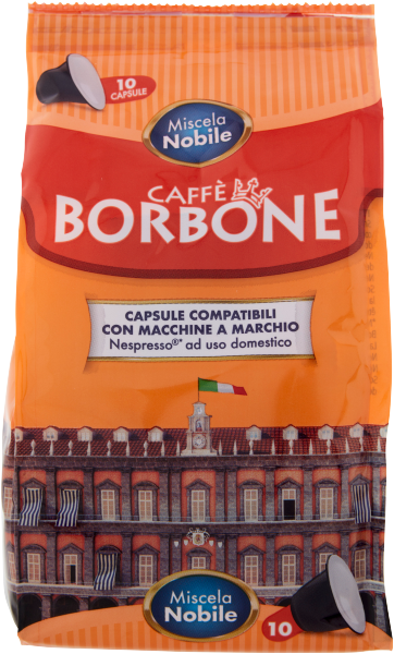 Opakowanie kapsułek do kawy Caffè Borbone Miscela Nobile z napisem \'CAPSULE COMPATIBILI CON MACCHINE A MARCHIO Nespresso® ad uso domestico\'. Na dole opakowania widoczny jest obrazek budynku z włoską flagą.