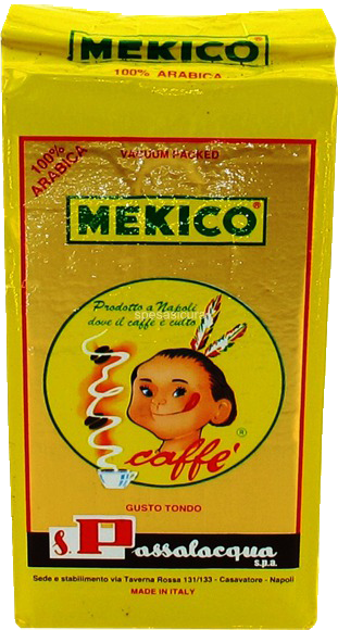 Opakowanie kawy mielonej Mekico Gusto Tondo 250 g z logo \'Mekico\' i napisem \'100% Arabica\'. Na opakowaniu znajduje się ilustracja twarzy oraz napis \'Passalacqua S.p.A. Made in Italy\'.