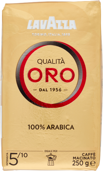 Opakowanie kawy mielonej Lavazza Qualità Oro 250 g z napisem \'100% Arabica\' i intensywnością 5/10. Widoczne logo Lavazza oraz napis \'Qualità Oro Dal 1956\'.