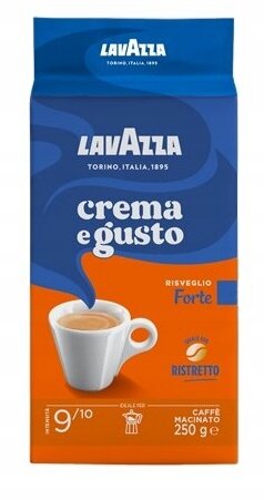 Opakowanie kawy mielonej z napisem \'Lavazza Crema e Gusto Risveglio Forte\'. Widoczna filiżanka z kawą oraz informacje: \'9/10\', \'CAFFE MACINATO 250 g\'.