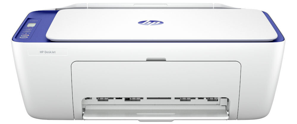Na obrazie widoczne jest białe urządzenie wielofunkcyjne z niebieskimi akcentami, z logo HP na górze. Na przednim panelu znajduje się napis \'HP DeskJet\'.
