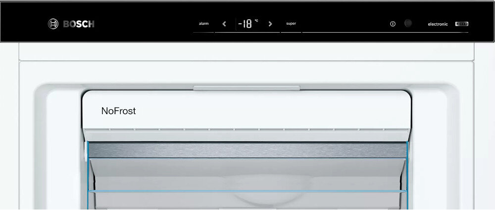 Panel zamrażarki z wyświetlaczem pokazującym temperaturę -18°C oraz napisem \'NoFrost\'. Widoczne jest logo BOSCH i przyciski sterujące.
