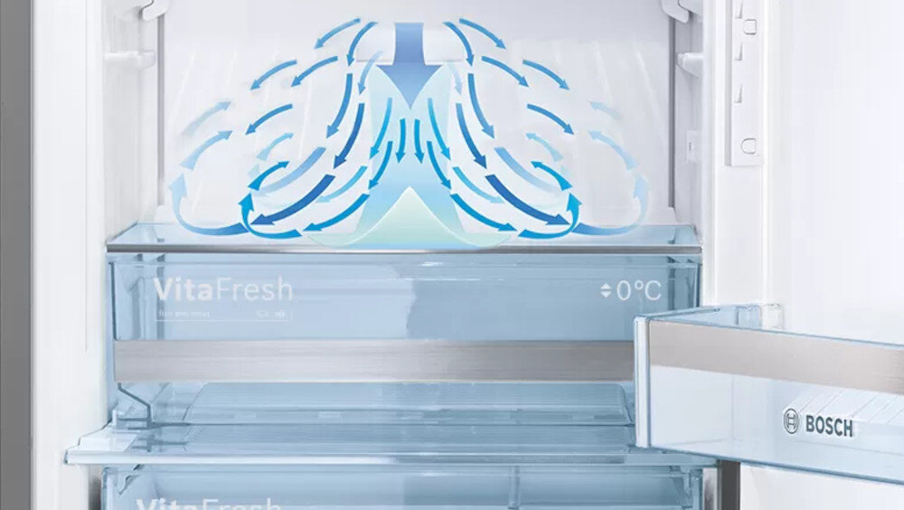 Wnętrze zamrażarki z przezroczystymi szufladami oznaczonymi jako \'VitaFresh\' i symbolem temperatury 0°C. Na drzwiach widoczne jest logo \'BOSCH\'.