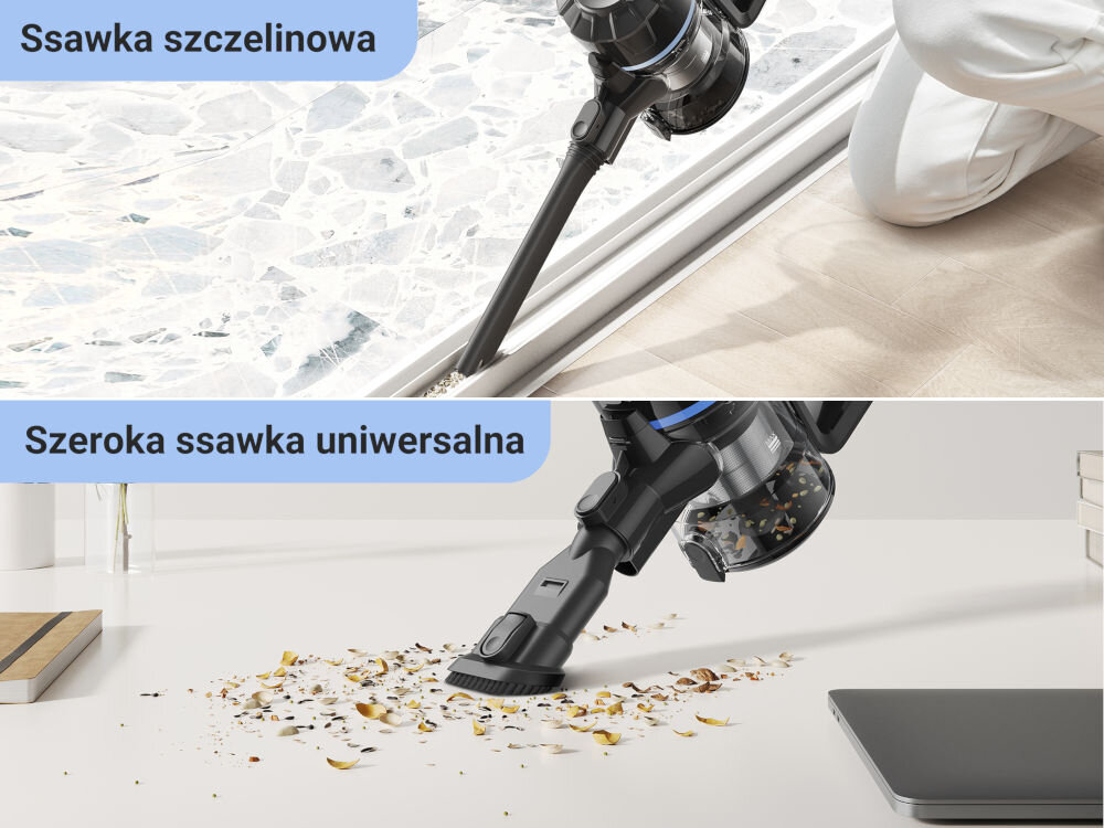 Obraz przedstawia dwa ujęcia odkurzacza z różnymi ssawkami. Na górze widoczna jest ssawka szczelinowa, a na dole szeroka ssawka uniwersalna, obie używane do sprzątania różnych powierzchni.