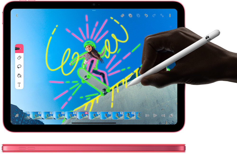 Tablet z ekranem wyświetlającym kolorowy rysunek osoby na deskorolce, edytowany za pomocą rysika trzymanego przez dłoń. Na ekranie widoczne są ikony narzędzi do edycji oraz pasek z miniaturami obrazów.