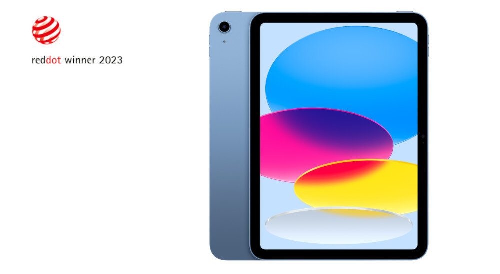 Tablet w kolorze niebieskim z wyświetlaczem pokazującym kolorowe, abstrakcyjne kształty. Obok widnieje napis \'reddot winner 2023\'.