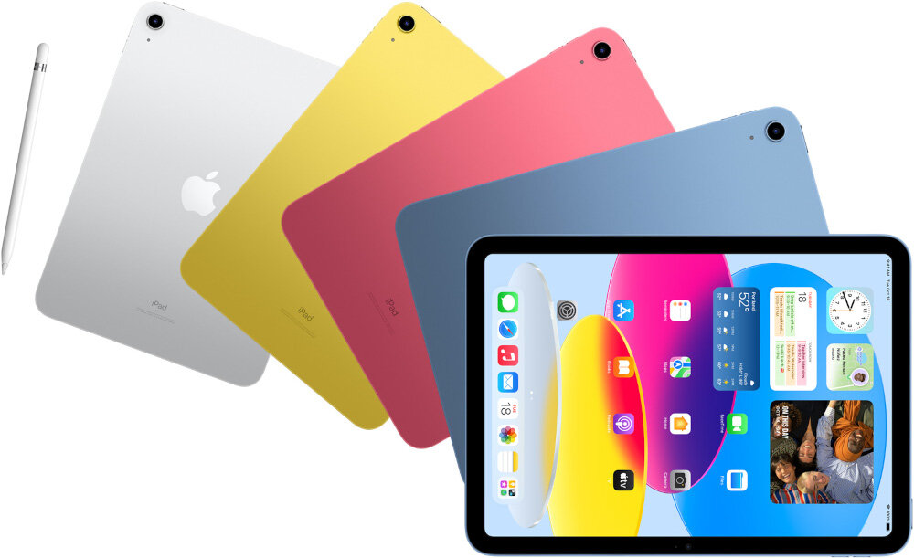 Na obrazie widoczne są cztery tablety w różnych kolorach: srebrnym, żółtym, różowym i niebieskim, oraz rysik. Na ekranie jednego z tabletów wyświetlony jest interfejs z ikonami aplikacji i widżetami.