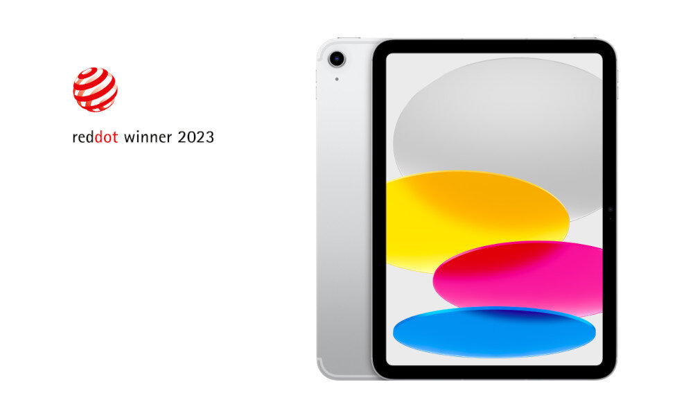 Tablet w kolorze srebrnym z wyświetlaczem pokazującym kolorowe owalne kształty. Obok widoczne jest logo \'reddot winner 2023\'.