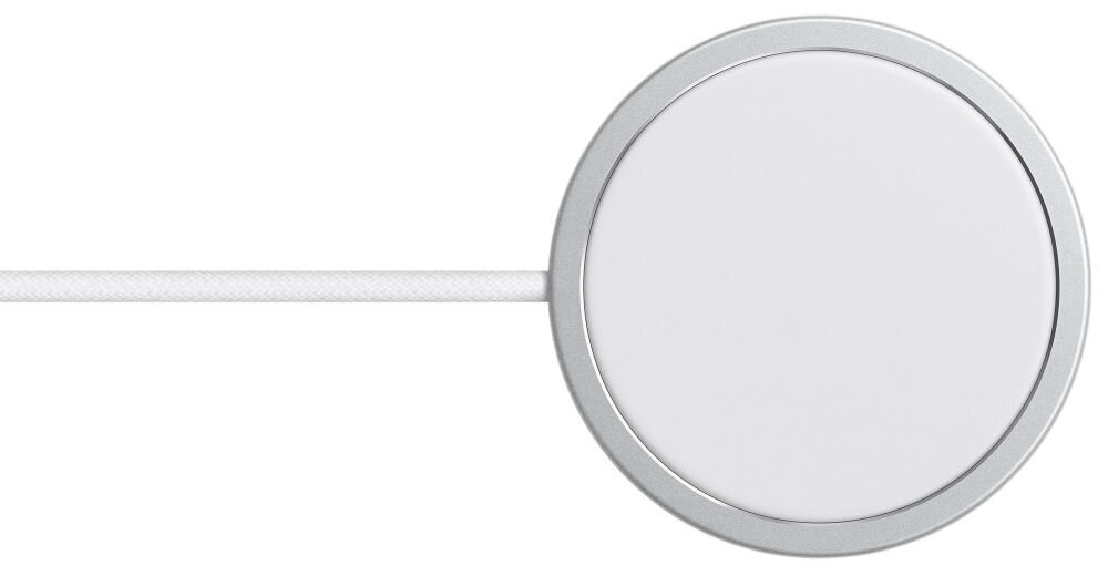 Na obrazie widoczna jest okrągła ładowarka indukcyjna w kolorze białym z metaliczną obwódką i podłączonym kablem. Produkt jest prosty i minimalistyczny w designie.