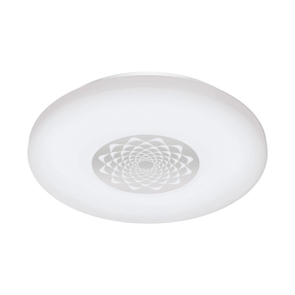 Okrągły plafon sufitowy LED z białym kloszem i dekoracyjnym wzorem w centralnej części. Lampa ma nowoczesny design i jest przeznaczona do montażu w salonie.