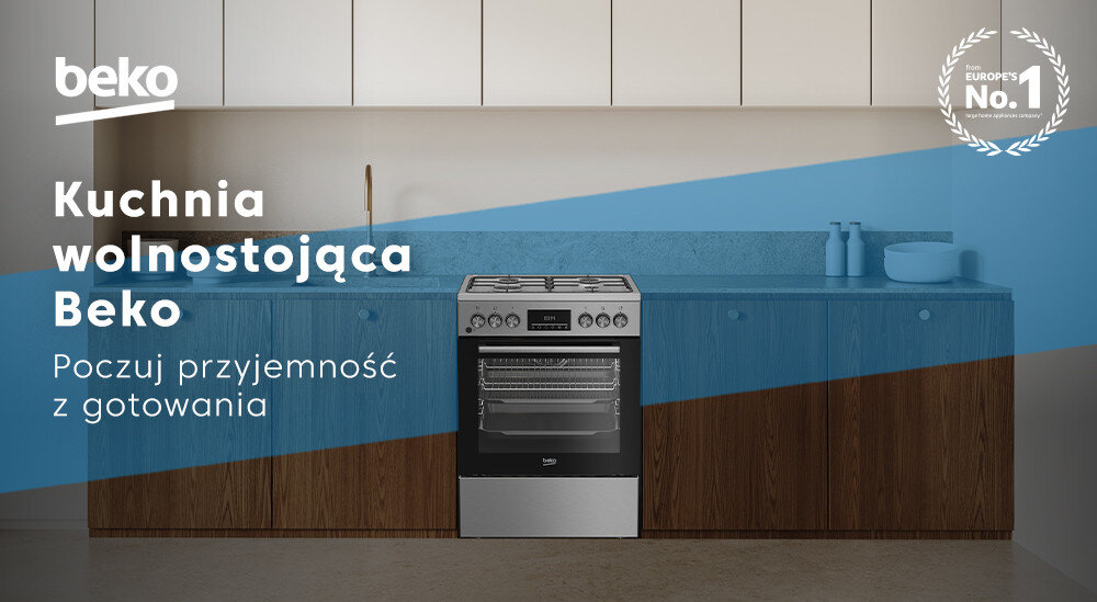 Na obrazie znajduje się kuchnia wolnostojąca Beko umieszczona w zabudowie kuchennej. Widoczny jest tekst: \'beko Kuchnia wolnostojąca Beko Poczuj przyjemność z gotowania\' oraz logo \'Europe\'s No.1\'.